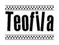 The image contains the text Teofila in a bold, stylized font, with a checkered flag pattern bordering the top and bottom of the text.