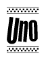 The image contains the text Uno in a bold, stylized font, with a checkered flag pattern bordering the top and bottom of the text.