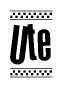 The image is a black and white clipart of the text Ute in a bold, italicized font. The text is bordered by a dotted line on the top and bottom, and there are checkered flags positioned at both ends of the text, usually associated with racing or finishing lines.