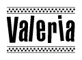 The image contains the text Valeria in a bold, stylized font, with a checkered flag pattern bordering the top and bottom of the text.