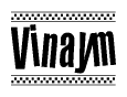 The image is a black and white clipart of the text Vinaym in a bold, italicized font. The text is bordered by a dotted line on the top and bottom, and there are checkered flags positioned at both ends of the text, usually associated with racing or finishing lines.