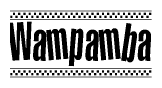 The image is a black and white clipart of the text Wampamba in a bold, italicized font. The text is bordered by a dotted line on the top and bottom, and there are checkered flags positioned at both ends of the text, usually associated with racing or finishing lines.