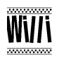 The image is a black and white clipart of the text Willi in a bold, italicized font. The text is bordered by a dotted line on the top and bottom, and there are checkered flags positioned at both ends of the text, usually associated with racing or finishing lines.