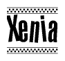 The clipart image displays the text Xenia in a bold, stylized font. It is enclosed in a rectangular border with a checkerboard pattern running below and above the text, similar to a finish line in racing. 