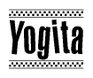 The image contains the text Yogita in a bold, stylized font, with a checkered flag pattern bordering the top and bottom of the text.