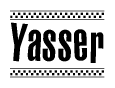 The image contains the text Yasser in a bold, stylized font, with a checkered flag pattern bordering the top and bottom of the text.