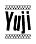 The image is a black and white clipart of the text Yuji in a bold, italicized font. The text is bordered by a dotted line on the top and bottom, and there are checkered flags positioned at both ends of the text, usually associated with racing or finishing lines.