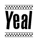 The image contains the text Yeal in a bold, stylized font, with a checkered flag pattern bordering the top and bottom of the text.