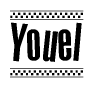 The image contains the text Youel in a bold, stylized font, with a checkered flag pattern bordering the top and bottom of the text.