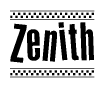 The clipart image displays the text Zenith in a bold, stylized font. It is enclosed in a rectangular border with a checkerboard pattern running below and above the text, similar to a finish line in racing. 