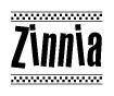 The clipart image displays the text Zinnia in a bold, stylized font. It is enclosed in a rectangular border with a checkerboard pattern running below and above the text, similar to a finish line in racing. 