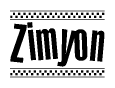 The image is a black and white clipart of the text Zimyon in a bold, italicized font. The text is bordered by a dotted line on the top and bottom, and there are checkered flags positioned at both ends of the text, usually associated with racing or finishing lines.