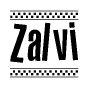The image contains the text Zalvi in a bold, stylized font, with a checkered flag pattern bordering the top and bottom of the text.