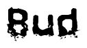 This nametag says Bud, and has a static looking effect at the bottom of the words. The words are in a stylized font.