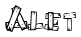 The image contains the name Alet written in a decorative, stylized font with a hand-drawn appearance. The lines are made up of what appears to be planks of wood, which are nailed together