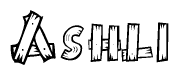 The clipart image shows the name Ashli stylized to look like it is constructed out of separate wooden planks or boards, with each letter having wood grain and plank-like details.