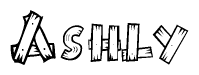 The image contains the name Ashly written in a decorative, stylized font with a hand-drawn appearance. The lines are made up of what appears to be planks of wood, which are nailed together