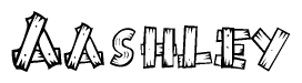 The image contains the name Aashley written in a decorative, stylized font with a hand-drawn appearance. The lines are made up of what appears to be planks of wood, which are nailed together