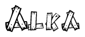 The image contains the name Alka written in a decorative, stylized font with a hand-drawn appearance. The lines are made up of what appears to be planks of wood, which are nailed together