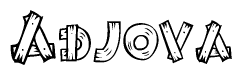 The image contains the name Adjova written in a decorative, stylized font with a hand-drawn appearance. The lines are made up of what appears to be planks of wood, which are nailed together