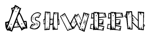 The image contains the name Ashween written in a decorative, stylized font with a hand-drawn appearance. The lines are made up of what appears to be planks of wood, which are nailed together