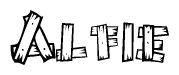 The clipart image shows the name Alfie stylized to look like it is constructed out of separate wooden planks or boards, with each letter having wood grain and plank-like details.