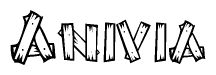 The image contains the name Anivia written in a decorative, stylized font with a hand-drawn appearance. The lines are made up of what appears to be planks of wood, which are nailed together