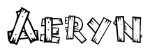 The image contains the name Aeryn written in a decorative, stylized font with a hand-drawn appearance. The lines are made up of what appears to be planks of wood, which are nailed together