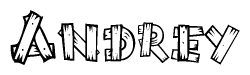 The image contains the name Andrey written in a decorative, stylized font with a hand-drawn appearance. The lines are made up of what appears to be planks of wood, which are nailed together