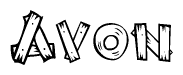 The image contains the name Avon written in a decorative, stylized font with a hand-drawn appearance. The lines are made up of what appears to be planks of wood, which are nailed together