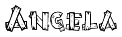 The image contains the name Angela written in a decorative, stylized font with a hand-drawn appearance. The lines are made up of what appears to be planks of wood, which are nailed together