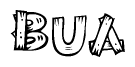 The image contains the name Bua written in a decorative, stylized font with a hand-drawn appearance. The lines are made up of what appears to be planks of wood, which are nailed together
