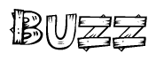 The image contains the name Buzz written in a decorative, stylized font with a hand-drawn appearance. The lines are made up of what appears to be planks of wood, which are nailed together