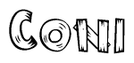 The image contains the name Coni written in a decorative, stylized font with a hand-drawn appearance. The lines are made up of what appears to be planks of wood, which are nailed together