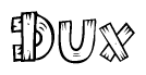 The clipart image shows the name Dux stylized to look as if it has been constructed out of wooden planks or logs. Each letter is designed to resemble pieces of wood.