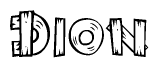 The image contains the name Dion written in a decorative, stylized font with a hand-drawn appearance. The lines are made up of what appears to be planks of wood, which are nailed together