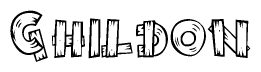 The image contains the name Ghildon written in a decorative, stylized font with a hand-drawn appearance. The lines are made up of what appears to be planks of wood, which are nailed together