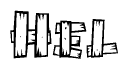The image contains the name Hel written in a decorative, stylized font with a hand-drawn appearance. The lines are made up of what appears to be planks of wood, which are nailed together