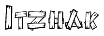 The clipart image shows the name Itzhak stylized to look as if it has been constructed out of wooden planks or logs. Each letter is designed to resemble pieces of wood.