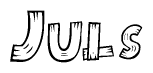 The image contains the name Juls written in a decorative, stylized font with a hand-drawn appearance. The lines are made up of what appears to be planks of wood, which are nailed together