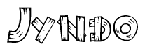 The image contains the name Jyndo written in a decorative, stylized font with a hand-drawn appearance. The lines are made up of what appears to be planks of wood, which are nailed together