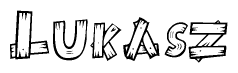 The image contains the name Lukasz written in a decorative, stylized font with a hand-drawn appearance. The lines are made up of what appears to be planks of wood, which are nailed together