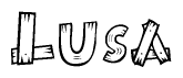 The image contains the name Lusa written in a decorative, stylized font with a hand-drawn appearance. The lines are made up of what appears to be planks of wood, which are nailed together