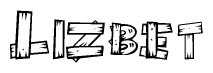 The image contains the name Lizbet written in a decorative, stylized font with a hand-drawn appearance. The lines are made up of what appears to be planks of wood, which are nailed together