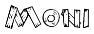 The clipart image shows the name Moni stylized to look as if it has been constructed out of wooden planks or logs. Each letter is designed to resemble pieces of wood.