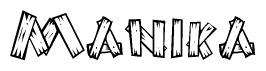 The image contains the name Manika written in a decorative, stylized font with a hand-drawn appearance. The lines are made up of what appears to be planks of wood, which are nailed together