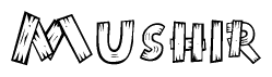The clipart image shows the name Mushir stylized to look like it is constructed out of separate wooden planks or boards, with each letter having wood grain and plank-like details.