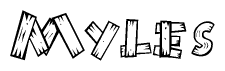 The image contains the name Myles written in a decorative, stylized font with a hand-drawn appearance. The lines are made up of what appears to be planks of wood, which are nailed together