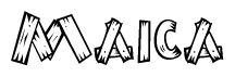 The clipart image shows the name Maica stylized to look as if it has been constructed out of wooden planks or logs. Each letter is designed to resemble pieces of wood.