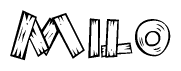 The clipart image shows the name Milo stylized to look as if it has been constructed out of wooden planks or logs. Each letter is designed to resemble pieces of wood.